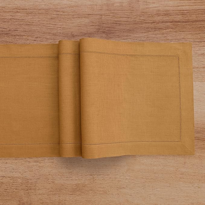Solino Home Linen Brown Sugar Table Runner 108 Inches Long - 100% Pure Linen 14 x 108 Inch Table Runner for Fall, Autumn - Classic Hemstitch