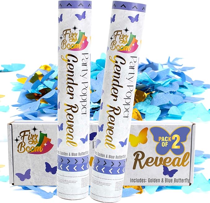 2 Pack Blue Butterfly-Shaped Confetti Poppers for Baby Gender Reveal | Blue Paper and Gold Mylar Baby Boy Party Supplies
