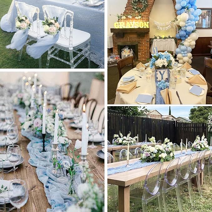 10 Pack Dusty Blue Cheesecloth Table Runner 35x120 Inch, 10FT Boho Gauze Cheese Cloth Table Runner Rustic Semi-Sheer Runner for Wedding Bridal Baby Shower Birthday Party Home Decor