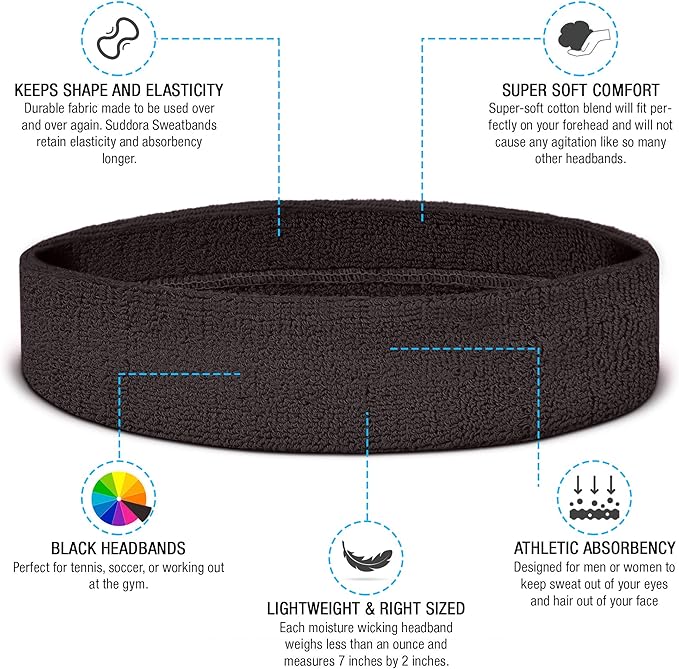 Suddora Workout Headband for Men and Women, Moisture-Wicking Athletic Sweatband, Lightweight Cotton Terry Cloth Bands for Basketball, Tennis, Football, Gym, Running, Cosplay & Costumes