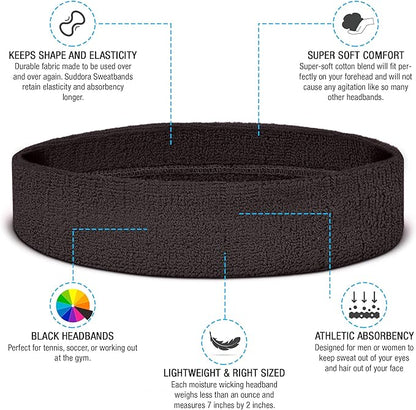 Suddora Workout Headband for Men and Women, Moisture-Wicking Athletic Sweatband, Lightweight Cotton Terry Cloth Bands for Basketball, Tennis, Football, Gym, Running, Cosplay & Costumes