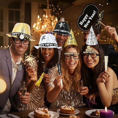 96 Pcs New Year's Eve Party Supplies for 24 Guests, 2026 Happy New Years Decoration with Silver Gold Black Top Hats, Cone Hats, Glitter Tiaras, Beaded Necklace, Squawkers, Noise Makers for Party Decor