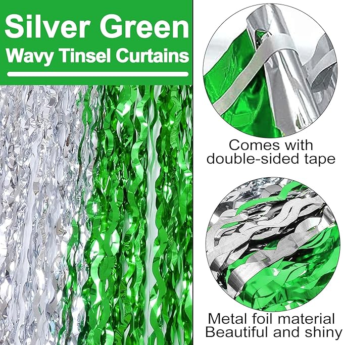 4 Pack Silver Green Fringe Curtain Backdrop 3.2Ft x 8.2Ft Metallic Tinsel Foil Fringe Streamers Background for Photo Booth Mother's Day, Easter, Carnival, Birthday, Wedding Party Decoration
