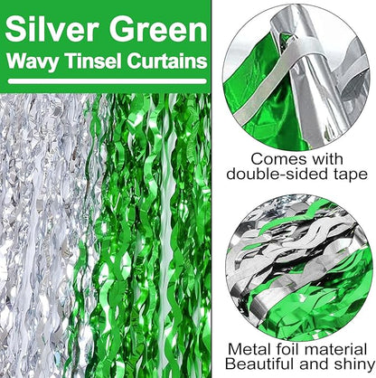 4 Pack Silver Green Fringe Curtain Backdrop 3.2Ft x 8.2Ft Metallic Tinsel Foil Fringe Streamers Background for Photo Booth Mother's Day, Easter, Carnival, Birthday, Wedding Party Decoration