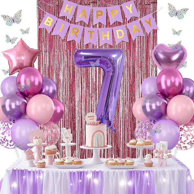Pink Purple 7th Birthday Party Decorations for Girls Number 7 Balloon Happy Birthday Banner Butterfly Stickers Fringe Curtain Paper Pom Poms Metallic Hot Pink Star Foil Balloons 7 Year Old Princess