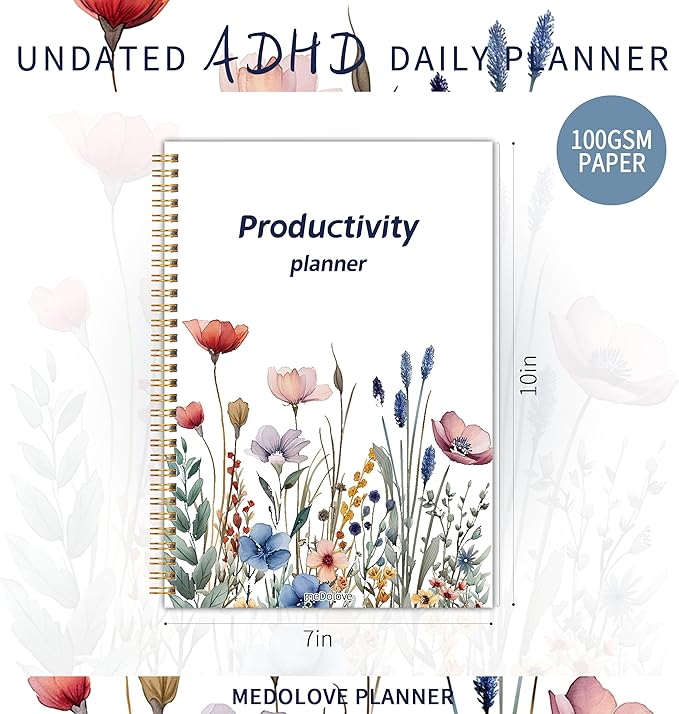 ADHD Daily Planner - Productivity Planner & Undated Task Management Organizer for Neurodivergent Adults, Focused Planners for Men & Women - B5 Blue Flowers