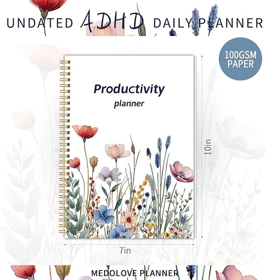 ADHD Daily Planner - Productivity Planner & Undated Task Management Organizer for Neurodivergent Adults, Focused Planners for Men & Women - B5 Blue Flowers