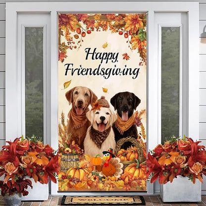 Friendsgiving Door Cover Banner Happy Thanksgiving Party Decorations, Dog Pumpkin Maple Leaves Give Thanks Turkey Friendsgiving Door Party Decorations