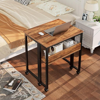 GreenForest Folding Desk Small Rolling Desk with Storage Shelf, 24.8 inch Foldable Computer Desk with Wheels for Small Space, Easy Assembly,Walnut