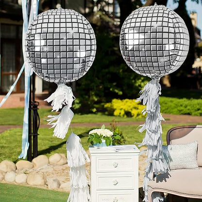 OuMuaMua Disco Ball Balloons for 70s Disco Party Decor, 22 Inch Large 4D Metallic Silver Disco Balloons with Stars Balloon for Themed Party, Birthday New Year Christmas Decor 9pcs