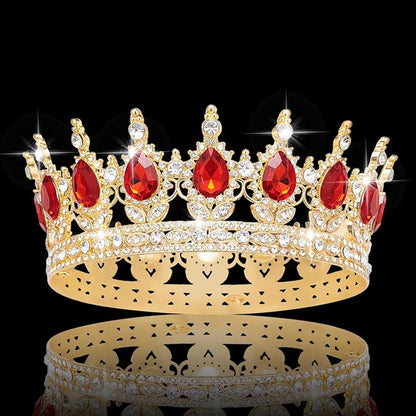 Queen Crown Rhinestone Wedding Crowns and Tiaras for Women Costume Party Hair Accessories Princess Birthday Crown Crystal Bridal Crown (Gold & Red Crown)