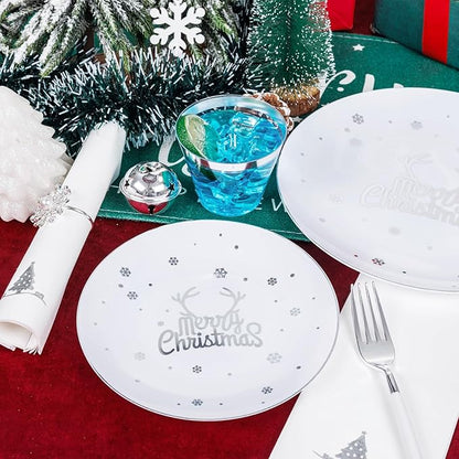 Nervure 175PCS Christmas Plastic Plates - White and Silver Disposable Plates & Silver Plastic Silverware with White Handle include 50 Plates 25Knives 25Forks 25Spoons 25Napkins for Christmas Party
