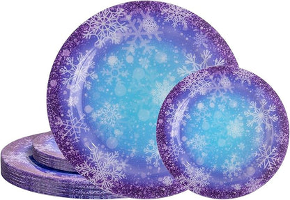 WELLIFE 20PCS Frozen Plastic Plates – Snowflake Dinner & Dessert Plates (10×9.2" + 10×6.3"), Winter Wonderland Party Plates for Girls Birthday, Christmas & Frozen Theme Decorations