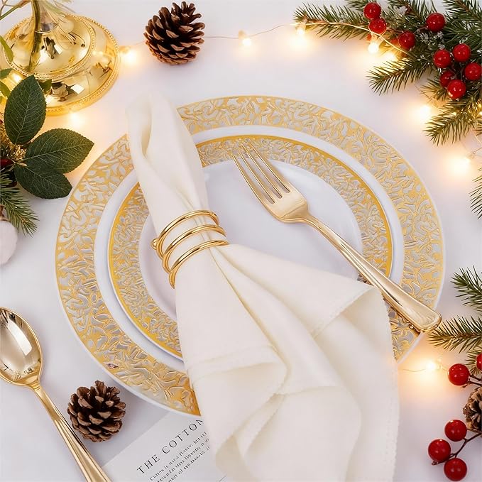 WELLIFE 175Pcs Gold Dinnerware Sets, Include:25 Dinner Plates, 25 Dessert Plates, 25 Paper Napkins, 25 Cups, 25 Plastic Cutlery Set