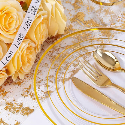 bUCLA 300Pcs Clear Gold Plastic Disposable Dinnerware Set - Clear Plates with Gold Trim Include 50 Dinner / 50 Dessert Plates,50 Cups,150 Plastic Silverware Set for Party