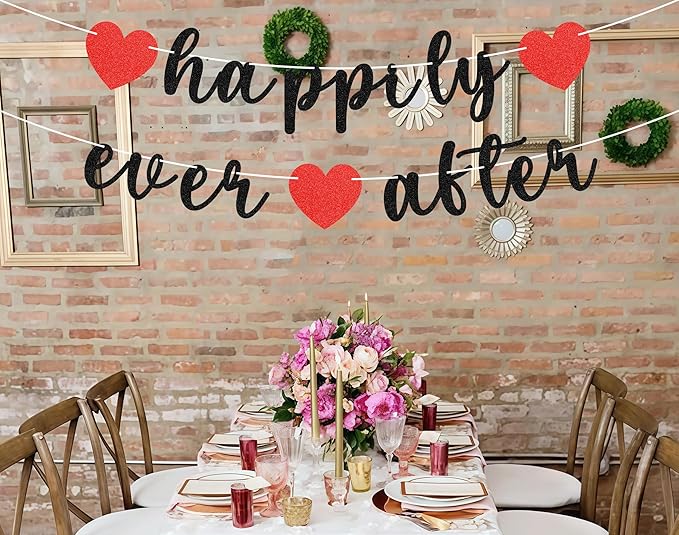 Pre-Strung Happily Ever After Banner - Black Glitter Bachelorette Bridal Engagement Party Decoration Supplies, Bachelorette Wedding Party Banner for Engagement, Bridal Shower, Wedding Party Photo Booth Props