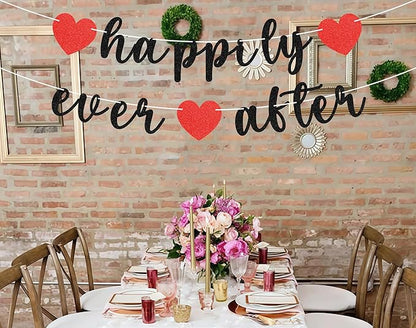Pre-Strung Happily Ever After Banner - Black Glitter Bachelorette Bridal Engagement Party Decoration Supplies, Bachelorette Wedding Party Banner for Engagement, Bridal Shower, Wedding Party Photo Booth Props
