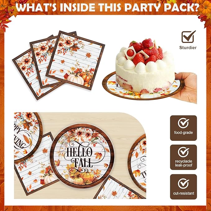 48Pcs Thanksgiving Day Birthday Party Decorations for 24 Guests - Fall Pumpkin Autumn Thanksgiving Day Supplies Plates and Napkins for Baby Shower Birthday Party Decorations