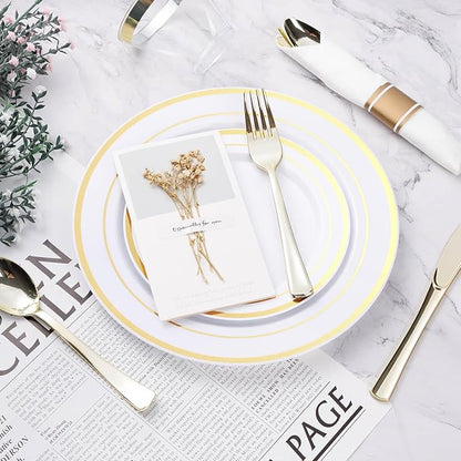 BESTVIP 525PCS Gold Plastic Dinnerware Set for 75 Guests, Disposable Plates for Party, Include: 150 Plastic Plates, 75 Pre Rolled Napkins with Gold Silverware, 75 Cups for Christmas, Halloween