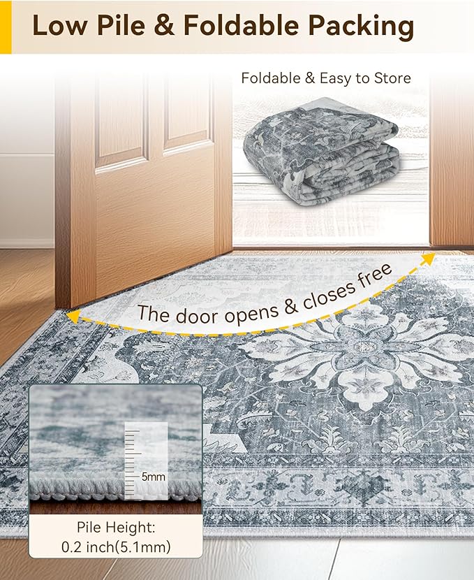 Area Rugs 2'x8' Runner Rug Non Slip Washable for Kitchen Hallway Bedroom Beside Laundry Room Bathroom Rug, Floor Carpet, Light Gray Grey White