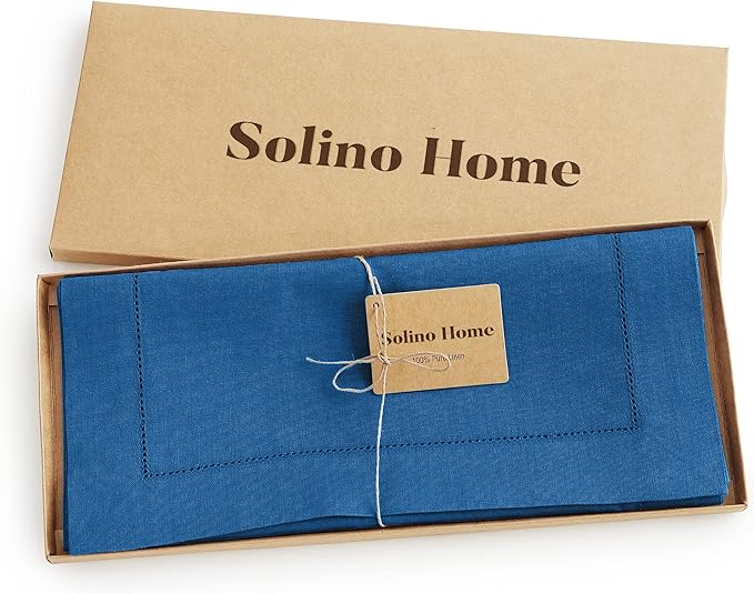 Solino Home Linen Indigo Blue Table Runner 90 Inches Long - 100% Pure Linen 14 x 90 Inch Table Runner for Fall, Autumn, Christmas, Winter, New Year - Classic Hemstitch