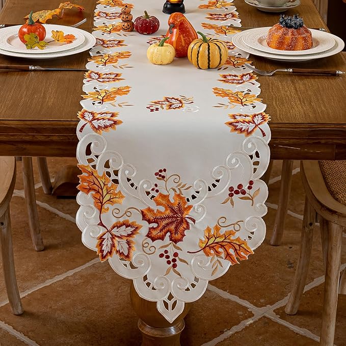Joyfol Day Thanksgiving Table Runner 14 x 59 Inches, Cutwork Embroidered Maple Leaves Dresser Scarf, Fall Table Runners for Home Kitchen Dining, Autumn Harvest Party Tabletop Decoration