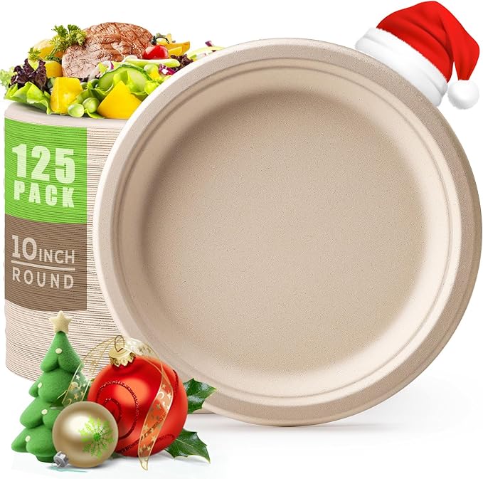 Gezond 100% Compostable Plates, Paper Plates 10 Inch 125 Pack Disposable Heavy-duty Plate Biodegradable Sugarcane Bagasse Plate for Party Picnic (Natural)