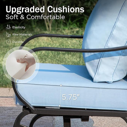 PHI VILLA 4 Piece Patio Furniture with Metal FirePit Table, 1 x 3-Seat Wide Deep Seating Bench & 2 x Swivel Sofa Chairs, 5.75" Thick Cushioned Outdoor Conversation Set for 5, Light Blue