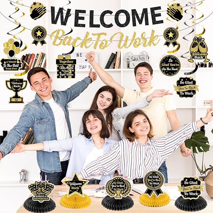 12pcs Welcome Back to Work Decorations Office Black Gold So Glad You're Back To Work Banner and Hanging Swirls Table Centerpieces Office Party Supplies for Indoors Outdoors