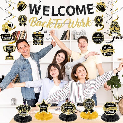 12pcs Welcome Back to Work Decorations Office Black Gold So Glad You're Back To Work Banner and Hanging Swirls Table Centerpieces Office Party Supplies for Indoors Outdoors