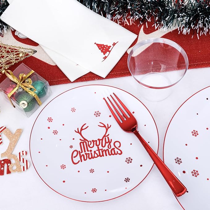 Nervure 175PCS Christmas Plastic Plates - White and Red Disposable Plates & Red Plastic Silverware include 50 Plates 25Knives 25Forks 25Spoons 25Napkins for Christmas Party