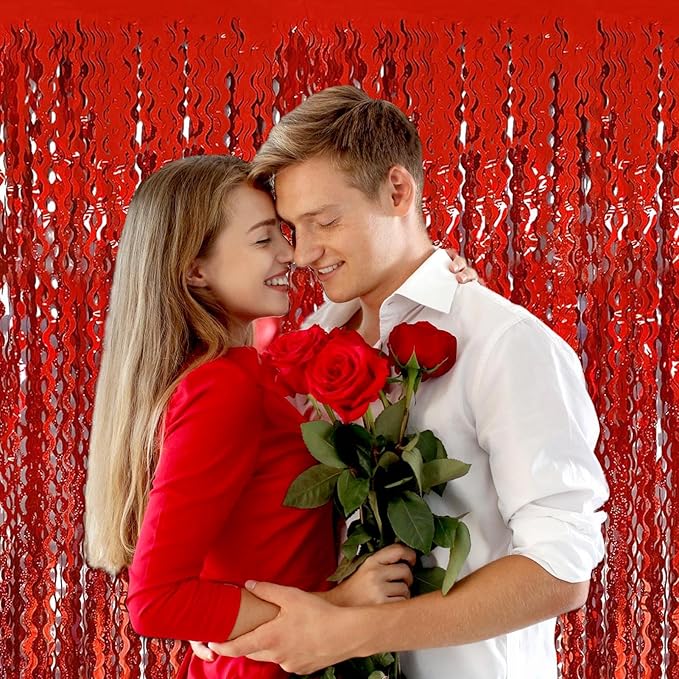 4 Pack Red Fringe Curtain Backdrop 3.2Ft x 8.2Ft Metallic Tinsel Foil Fringe Streamers Background for Photo Booth, Easter, Mother's Day, Bachelorette, Wedding, Birthday Party Decoration