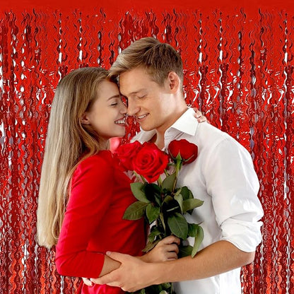 4 Pack Red Fringe Curtain Backdrop 3.2Ft x 8.2Ft Metallic Tinsel Foil Fringe Streamers Background for Photo Booth, Easter, Mother's Day, Bachelorette, Wedding, Birthday Party Decoration