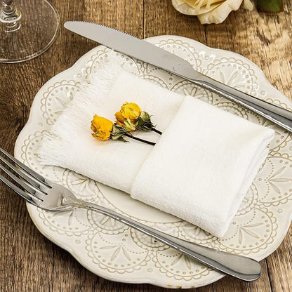 Handmade Cloth Napkins with Fringe,18 x 18 Inches Cotton Linen Napkins Set of 4 Versatile Handmade Square Rustic Fringe Napkins for Dinner, Wedding and Parties, White