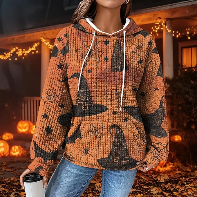 Halloween Sweatshirts for Women Novelty Graphic Drawstring Waffle Hoodies Loose Casual Pullover Tops with Pocket