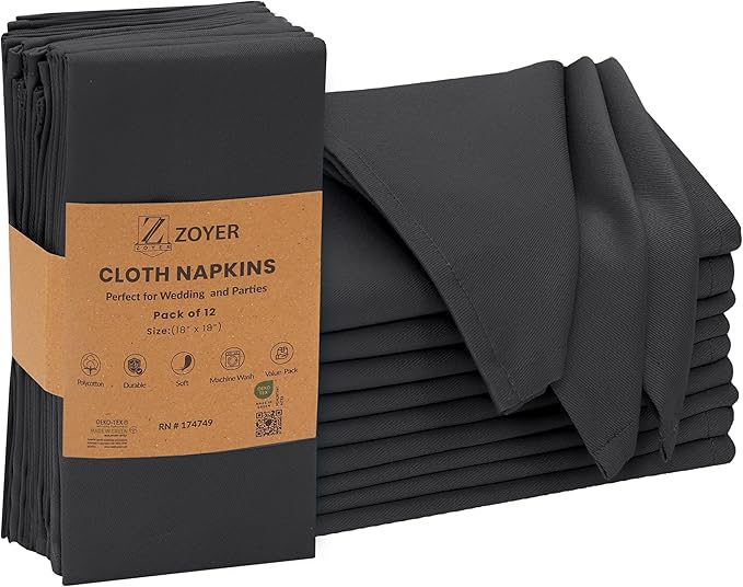 Zoyer Cloth Napkins Set of 12, 18x18 Inches Cotton Enrich Napkins Cloth ‎Washable, Soft & Durable Dinner Napkins for Parties, Wedding, Christmas, ‎Thanksgiving & Everyday Use - Black