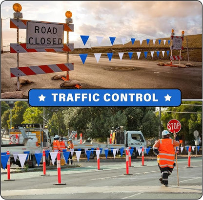 105ft Blue and White Pennant Banner Flag, 7"x10" Fluorescent Safety Flagging Banner Warning Flag for Construction Site/Boundary Barrier Signs, Perimeter Marking Flags on String, 45 Flags