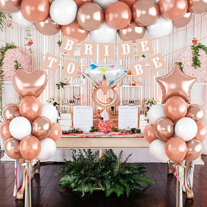 Bridal Shower Decorations Rose Gold Bridal To Be Balloon Set with Star Heart Diamond Ring Foil Balloons Bunting Banner Heart Paper Garland Rose Gold White Bachelorette Marriage Engagement Party Women