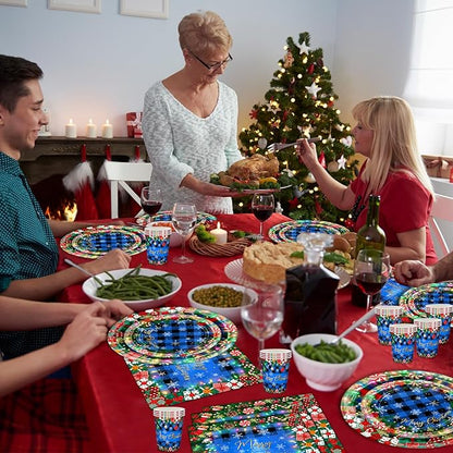 Avezano 192 Pcs Christmas Paper Plates and Napkins Merry Chirstmas Party Tableware Decorations Plaid Christmas Tree Disposable Dinnerware Set Serve 24 (Blue)