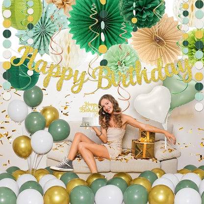 Sage-Green Gold Birthday Decoration,Happy Banner,Olive Retro Paper Lanterns Neutral Tissue Pom Poms Fan,Boho Green Balloons For Anniversary Princess Backdrop Party Supplies for Women Girls Mens