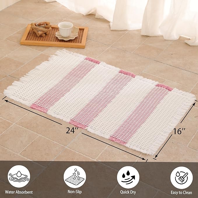 Waffle Bath Mat Non Slip, Boho Bathroom Rug, Super Absorbent Quick Dry Bathroom Mat, Soft Farmhouse Bath Rug with Tassels, Small Washable Shower Mats for Floor 16"x24", White and Pink
