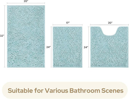 HOMEIDEAS 3 Pieces Bathroom Rugs, Ultra Soft Non Slip Absorbent Chenille Toilet Bath Mat Set (Light Blue)