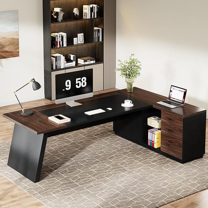 Tribesigns 78" L-Shaped Executive Desk, Large Office Desk with Drawers and File Cabinet, Modern Business Furniture for Home Office (Walnut & Black)