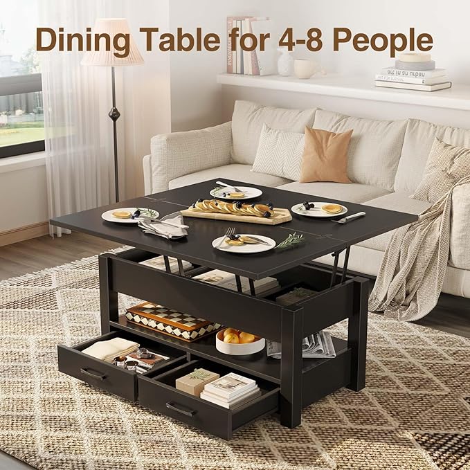 Rolanstar Coffee Table Lift Top, Multi-Function Convertible Coffee Table with Drawers and Hidden Compartment, Converts to Dining Table for Living Room, Home Office,Black