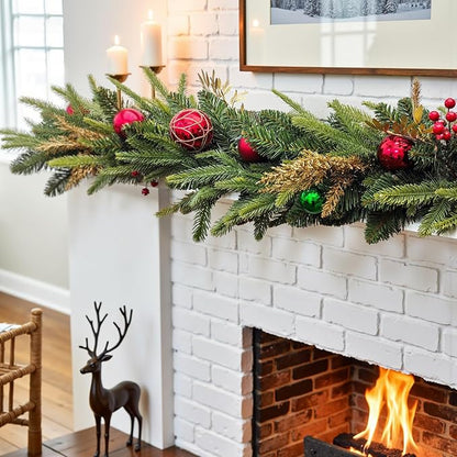 9 FT Pre-lit LED Christmas Garland with 20 Red Balls, Multi-Function Christmas Garland with 50 Warm White LED Lights for Mantle Fireplace Staircase Porch Decor