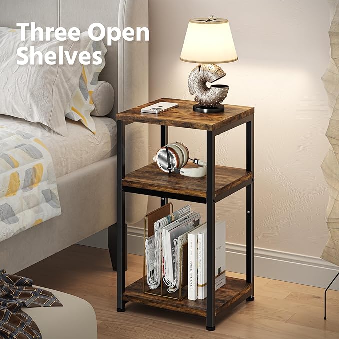 Simple Trending 3 Tier Side Table, End Table Night Stand Sofa Table Shelf for Living Room, Rustic Brown