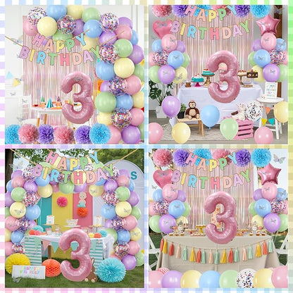 Pastel 3rd Birthday Party Decorations for Girls Number 3 Balloon Happy Birthday Banner Butterfly Stickers Fringe Curtain Paper Pom Poms Macaron Pink Star Heart Foil Colorful Balloons 3 Year Old Decor