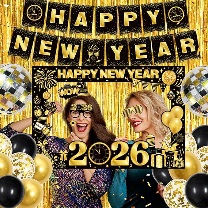 2026 New Year Decorations Party Supplies Kit with Banner, Photo Props, Glasses, Hats, 2026 Foil Balloon, Fringe Curtains and Latex Balloons for New Years Eve Celebration