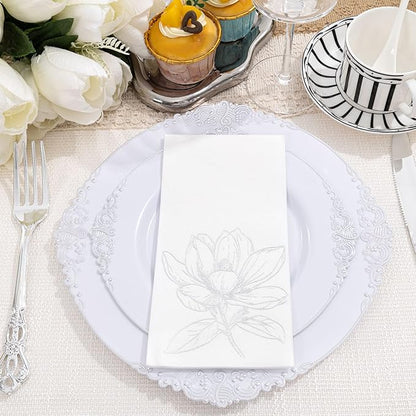 50 Pack Silver Magnolia Napkins - Silver Floral Disposable Napkins - Cloth-Like Feel Dinner Paper - Retro Heavy Duty Hand Towels for Bathroom Wedding Holiday Party Bridal Decorative Towels