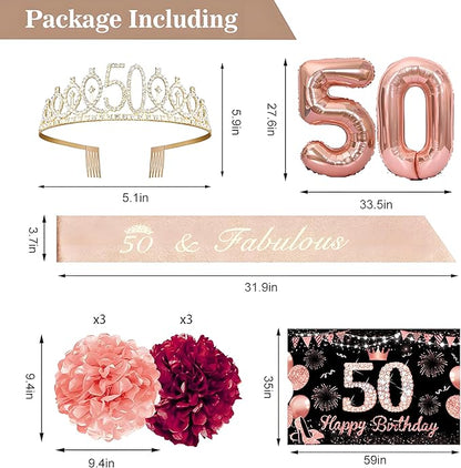 50th Birthday Decorations for Women - Rose Gold Crown Kit with Happy Birthday Banner, Foil Balloons, Backdrop, Sash & More - High - Quality, Diverse Party Items for Effortless Setup